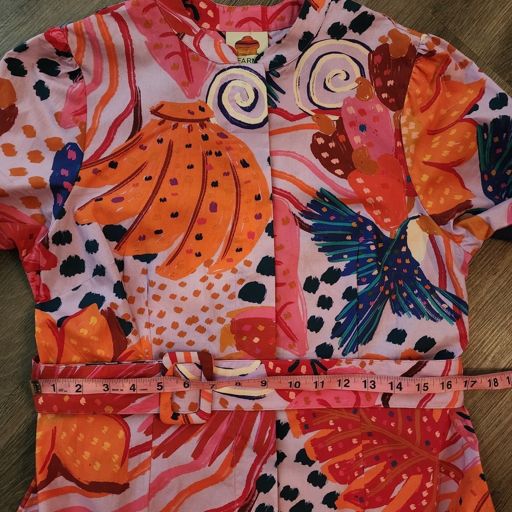 Farm Rio Tropical Print Belted Midi Dress M Pink Orange Bell Sleeve Resortwear - Picture 11 of 16